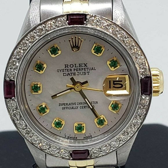 Rolex Ladies Datejust Oyster Gold Steel Diamond Dial Bezel Emeralds Ruby main image 4